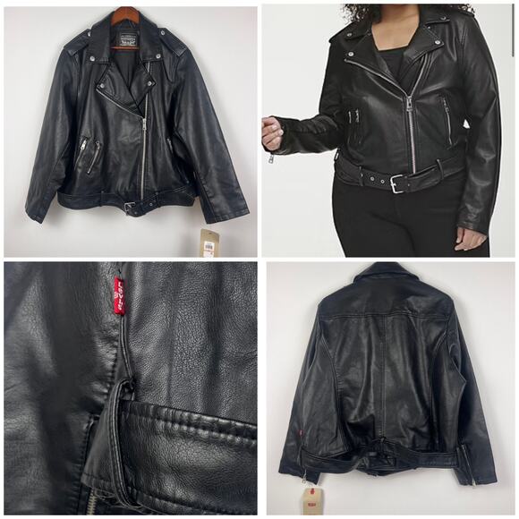 Levi's Women's 2X Black Faux Leather Moto Biker Jacket Belted Full Zip - Picture 7 of 10